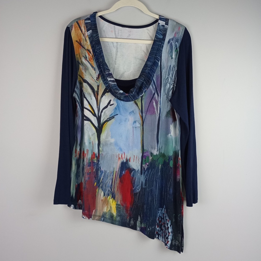Ulla Popken Womens XL Blue Art Print Asymmetric Cowl Neck Long Sleeve Tunic Top